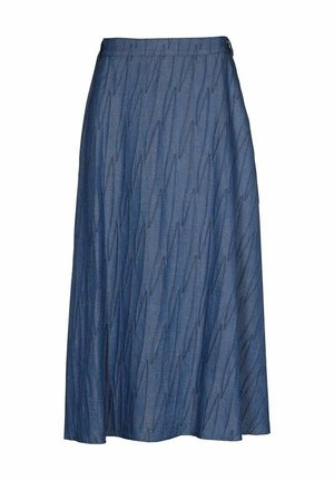Blauwe A-lijn midirok met subtiel diagonaal stikselpatroon en een aansluitende tailleband, weergegeven op een witte achtergrond.