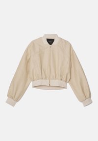 Beige bomberjack met een ritssluiting aan de voorkant, geribbelde kraag en manchetten, gathered taille en zijzakken. Gemaakt van lichtgewicht gestructureerde stof.