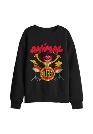 Schwarzer Pullover mit einem bunten Cartoon-Schlagzeuger, der Schlagzeug spielt, und dem Text "ANIMAL" und "DR. TEETH" darüber und auf der Trommel.