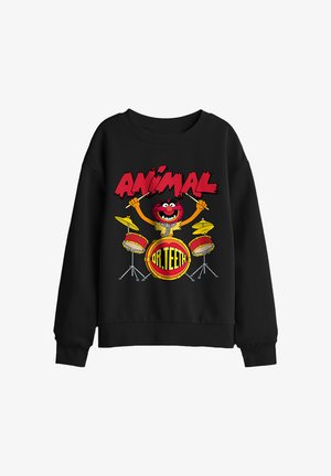Schwarzer Pullover mit einem bunten Cartoon-Schlagzeuger, der Schlagzeug spielt, und dem Text "ANIMAL" und "DR. TEETH" darüber und auf der Trommel.