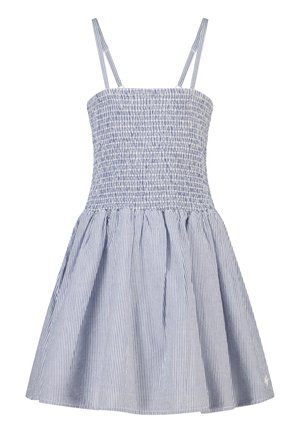 Blauw-wit verticaal gestreepte jurk zonder mouwen met gerimpeld lijfje en spaghetti bandjes, uitlopende rok.