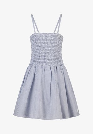 Robe sans manches à rayures verticales bleues et blanches avec corsage froncé et bretelles spaghetti, jupe évasée.