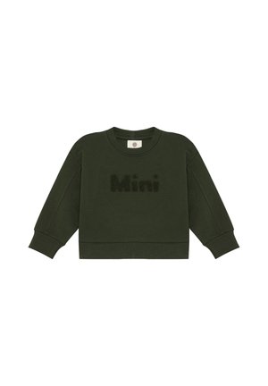 Felpa per bambini a maniche lunghe verde scuro con polsini e orlo a coste, con la parola ""Mini"" in rilievo al centro davanti.