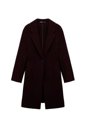 Bordeauxfarbener Wollmischmantel mit Reverskragen, einer Knopfverschluss und zwei seitlichen Taschen, der eine taillierte Silhouette und lange Ärmel aufweist.