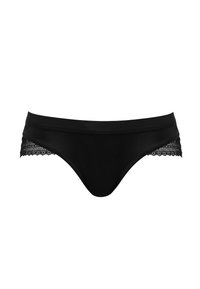 Zwarte bikini briefs van gladde stof, met een kanten rand aan de zijkanten. Klassieke snit met een comfortabele tailleband.