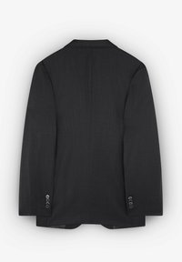 Blazer negro ajustado con una textura suave, solapas con muesca, dos botones en los puños y una abertura simple en la parte posterior.