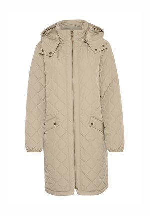 Veste matelassée beige avec capuche, fermeture éclair, deux poches latérales et poignets élastiques. Le motif texturé ajoute de l'intérêt visuel.