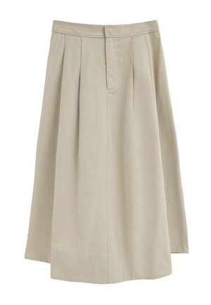 Beiger Midirock mit vorderen Falten, Bund und verdecktem Frontverschluss, aus leichtem Stoff gefertigt.