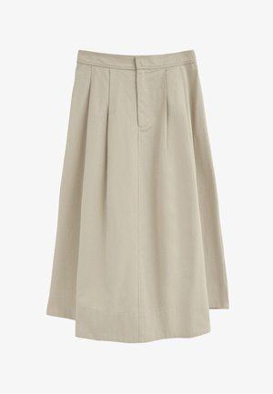 Falda midi beige con pliegues frontales, cintura y cierre delantero oculto, fabricada con tela ligera.