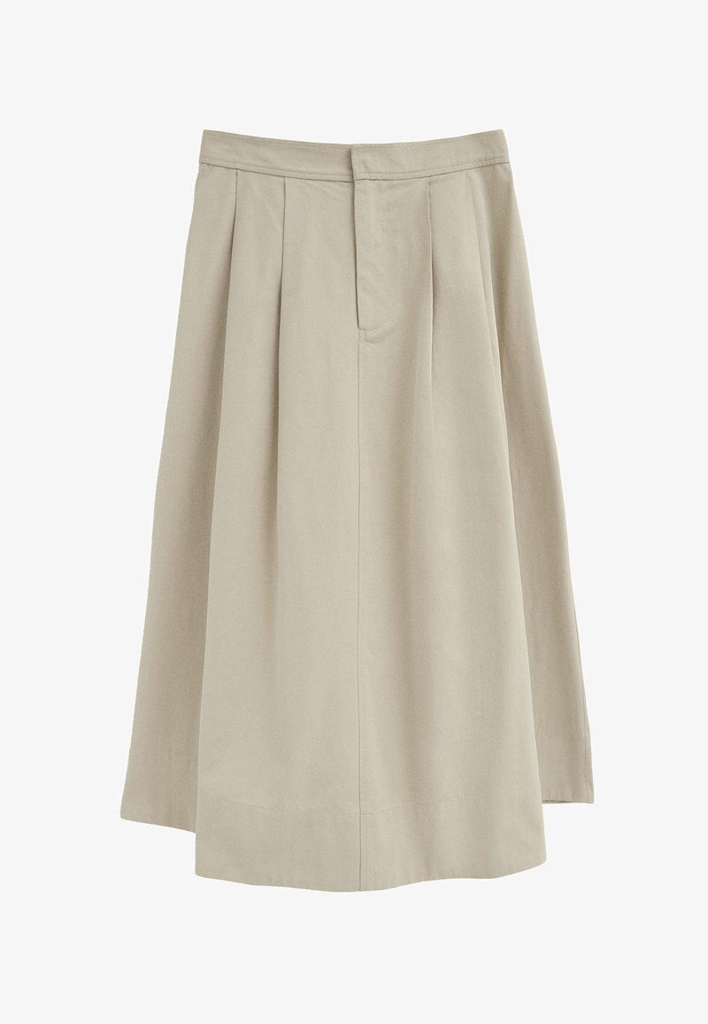 Jupe midi beige avec plis à l'avant, ceinture et fermeture avant dissimulée, en tissu léger.