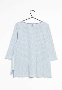 Striped shirt with long sleeves, featuring blue and white horizontal lines, a round neck, and a small button detail at the back.
