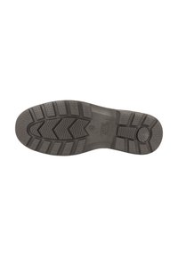 Semelle de chaussure en caoutchouc noir avec un motif texturé et des crampons profonds, comprenant un logo circulaire et des détails de taille gaufrés.