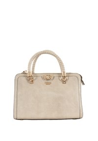 Borsa a tracolla in finta pelle beige con un motivo testurizzato a rettile, manico superiore intrecciato, hardware dorato e chiusura con zip.