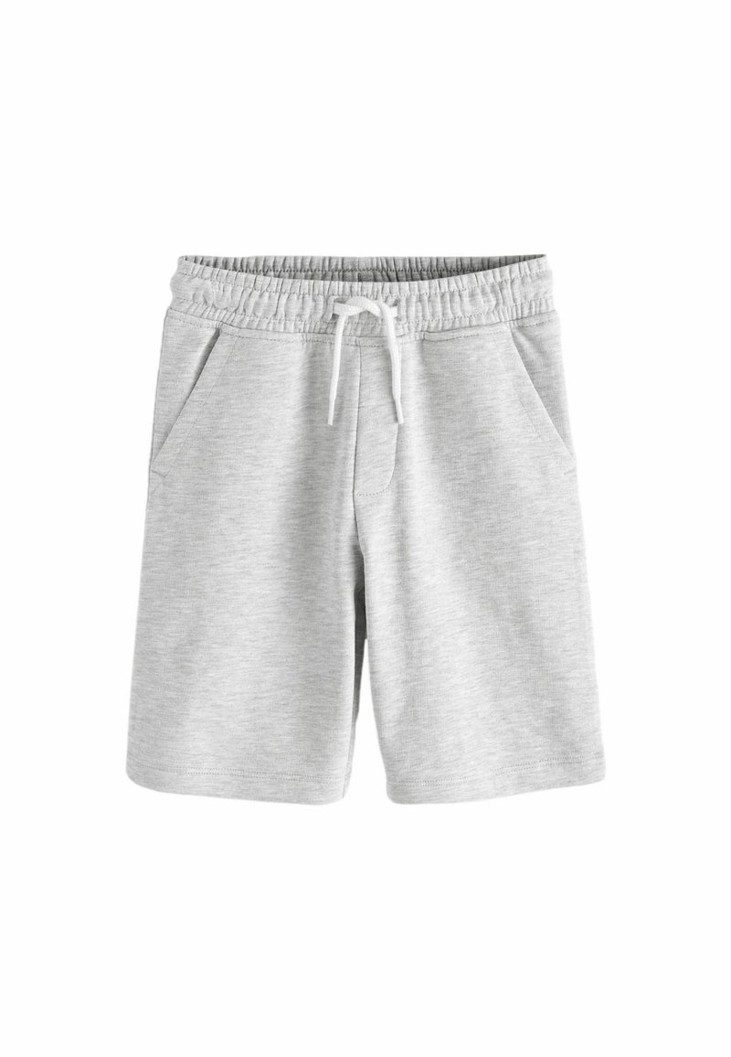Grijze katoenen shorts met een elastische tailleband, witte trekkoord en zijzakken; gladde textuur en knielange ontwerp.