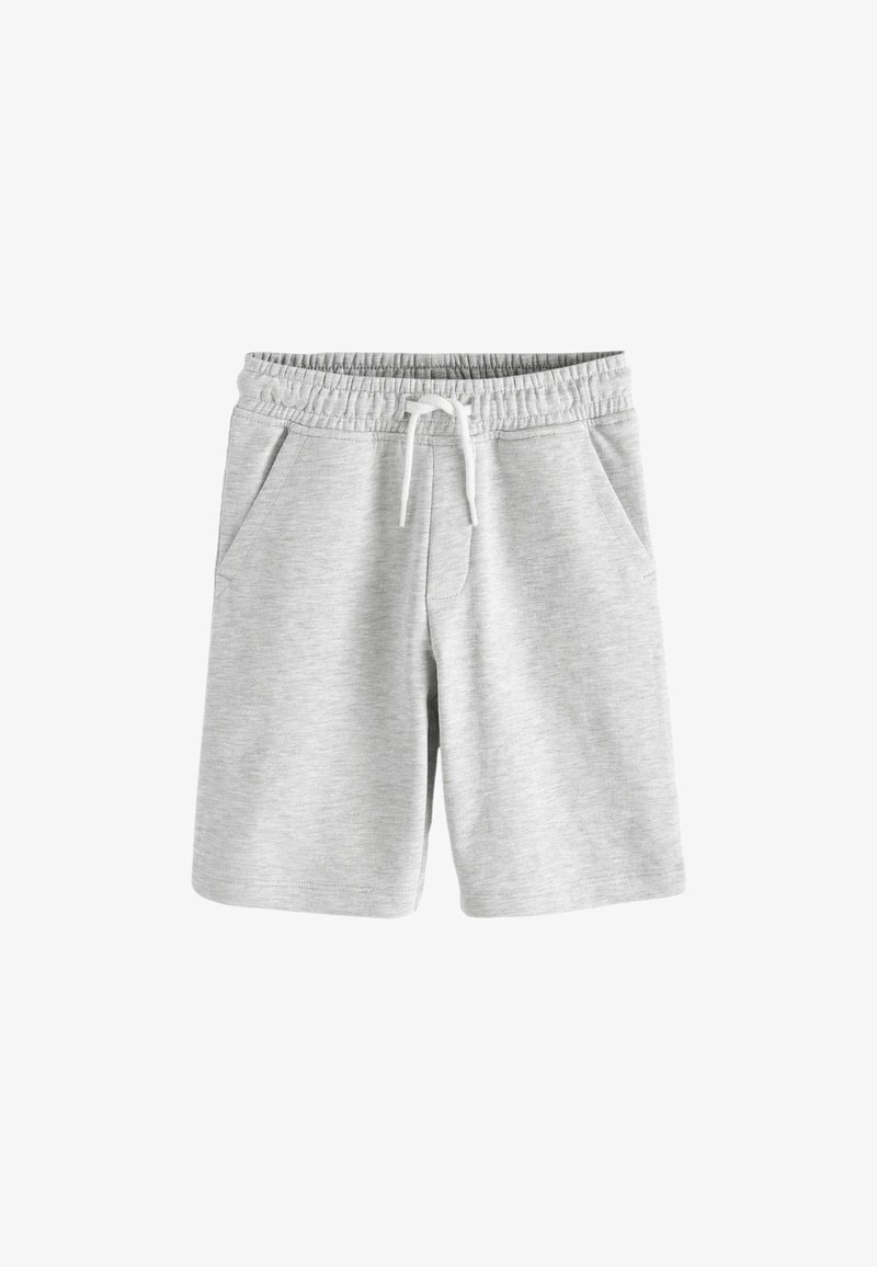 Graue Baumwollshorts mit elastischem Bund, weißer Kordel und seitlichen Taschen; glatte Textur und knielanges Design.