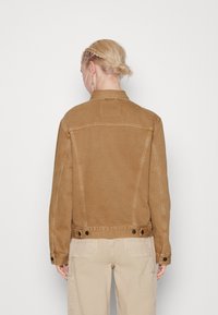 Chaqueta marrón de algodón con cuello, costuras en la parte trasera y detalles de botones. El diseño presenta una silueta ajustada y una textura lisa.