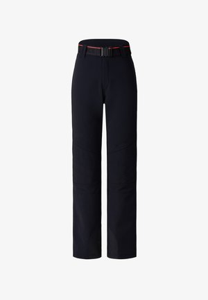 Marineblaue Funktionshose aus strukturiertem Stoff, verstärkten Kniepolstern und einem schwarzen Gürtel mit roten Akzenten. Besitzt einen geraden Beinansatz.