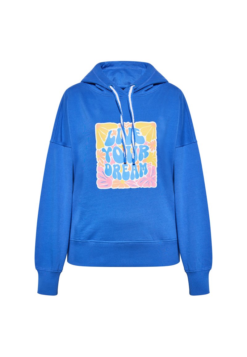 Felpa con cappuccio blu con una grafica frontale che recita "AMA IL TUO SOGNO" in bianco e colori pastello, dotata di cappuccio con lacci e polsini a costine.