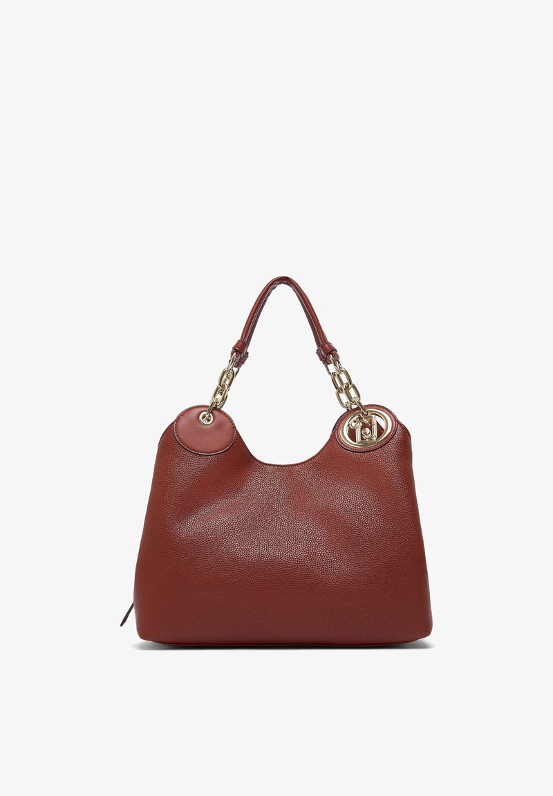 Sac à main en cuir marron texturé avec des accents en chaîne dorée et une double anse.