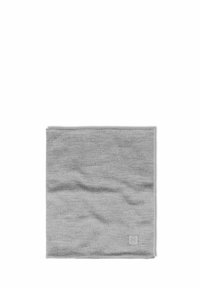 Gray knitted neck gaiter with a smooth texture and subtle pattern, featuring a small logo tag on the bottom right corner.
