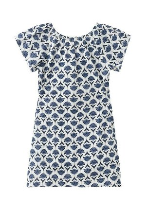 Robe blanche à manches courtes avec un col froncé et un motif floral en forme d'éventail bleu foncé sur toute la surface.