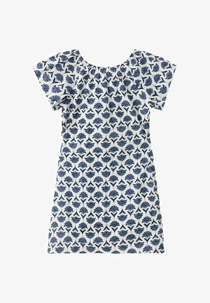 Robe blanche à manches courtes avec un col froncé et un motif floral en forme d'éventail bleu foncé sur toute la surface.