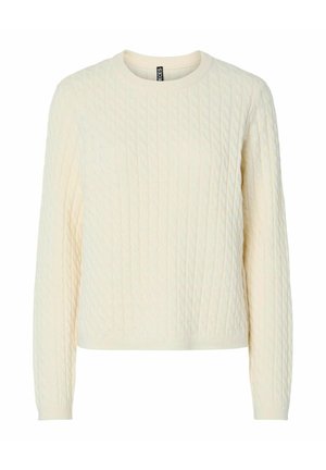 Maglione color crema a maglia grossa con scollatura rotonda e maniche lunghe. Tessuto testurizzato con motivi a diamante in rilievo.