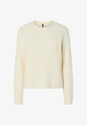 Cremefarvet kabelstrik sweater med rund hals og lange ærmer. Tekstureret stof med hævede diamantmønstre.