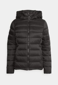 Veste matelassée noire avec capuche, fermeture éclair devant et deux poches latérales, présentée sur un fond clair uni.
