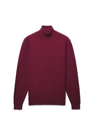 Maglione a collo alto color bordeaux realizzato in morbido tessuto a maglia. Presenta maniche lunghe e un collo aderente, con una texture liscia e senza motivi.