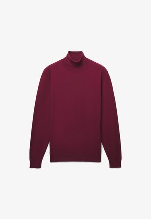 Maglione a collo alto color bordeaux realizzato in morbido tessuto a maglia. Presenta maniche lunghe e un collo aderente, con una texture liscia e senza motivi.