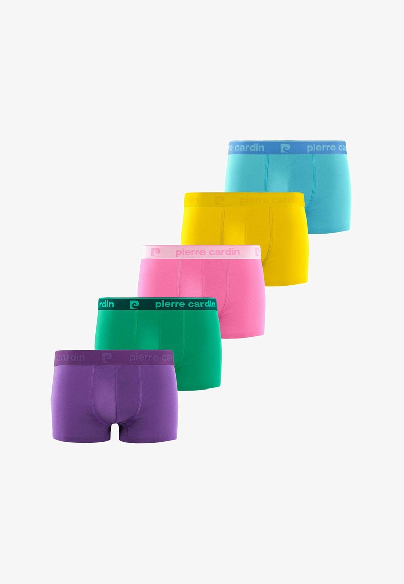 Cinq paires de boxer en violet, vert, rose, jaune et bleu. Chacune possède une taille élastique avec le logo "pierre cardin".