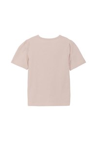 Lyserød kortærmet t-shirt med rund halsudskæring og puffede ærmer, lavet af blødt stof med en glat tekstur.