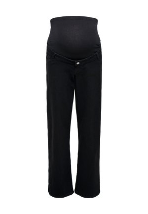 Pantalon de maternité noir avec une taille haute extensible conçue pour s'adapter confortablement au ventre d'une femme enceinte.