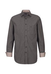 Camicia a maniche lunghe da uomo in grigio scuro con motivo texturizzato, polsini in grigio chiaro a contrasto e taschino sul petto. Presenta una chiusura con bottoni.