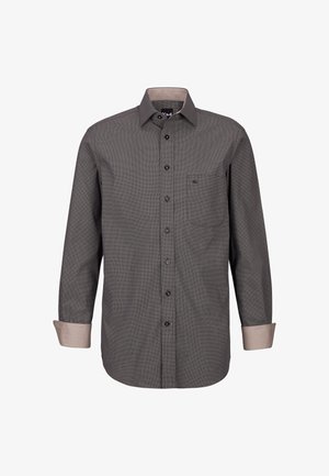 Camicia a maniche lunghe da uomo in grigio scuro con motivo texturizzato, polsini in grigio chiaro a contrasto e taschino sul petto. Presenta una chiusura con bottoni.