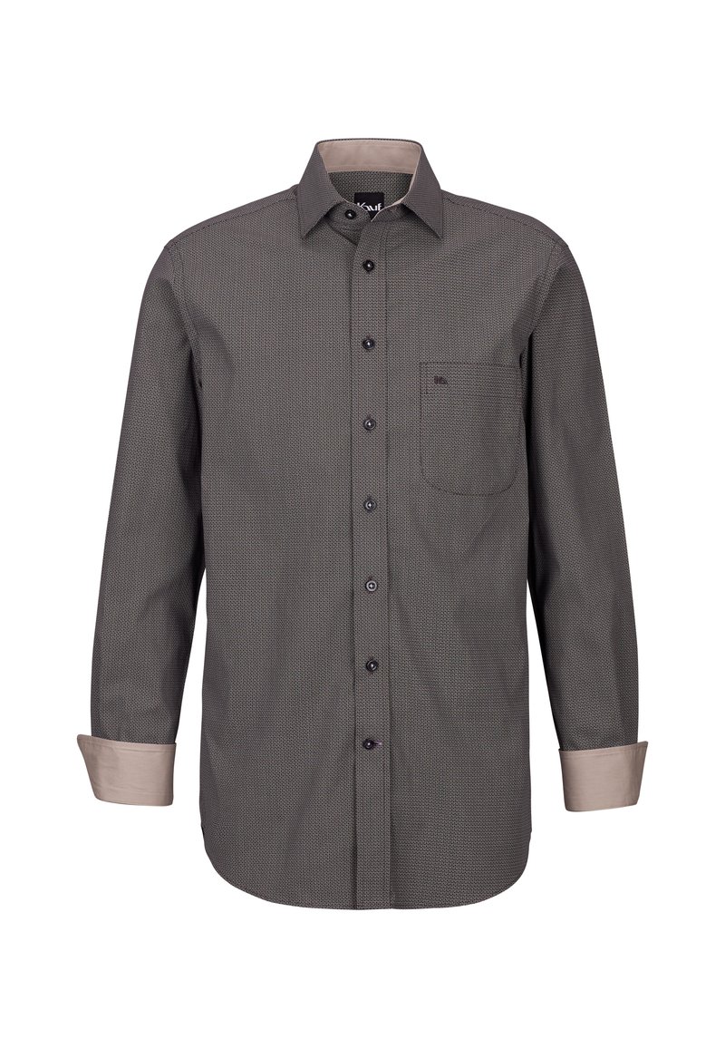 Camicia a maniche lunghe da uomo in grigio scuro con motivo texturizzato, polsini in grigio chiaro a contrasto e taschino sul petto. Presenta una chiusura con bottoni.
