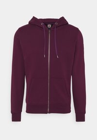 Vinröd zip-up hoodie i mjukt tyg, med huva, dragsnören, framficka och ribbade mudd för en åtsittande passform.