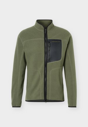 Giacca in pile verde con zip integrale, cerniera nera e tasca sul petto con zip, con collo alto e tessuto strutturato.