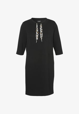 Black dress made of soft fabric, featuring a round neckline, three-quarter sleeves, and a leopard-print drawstring accent on the front.