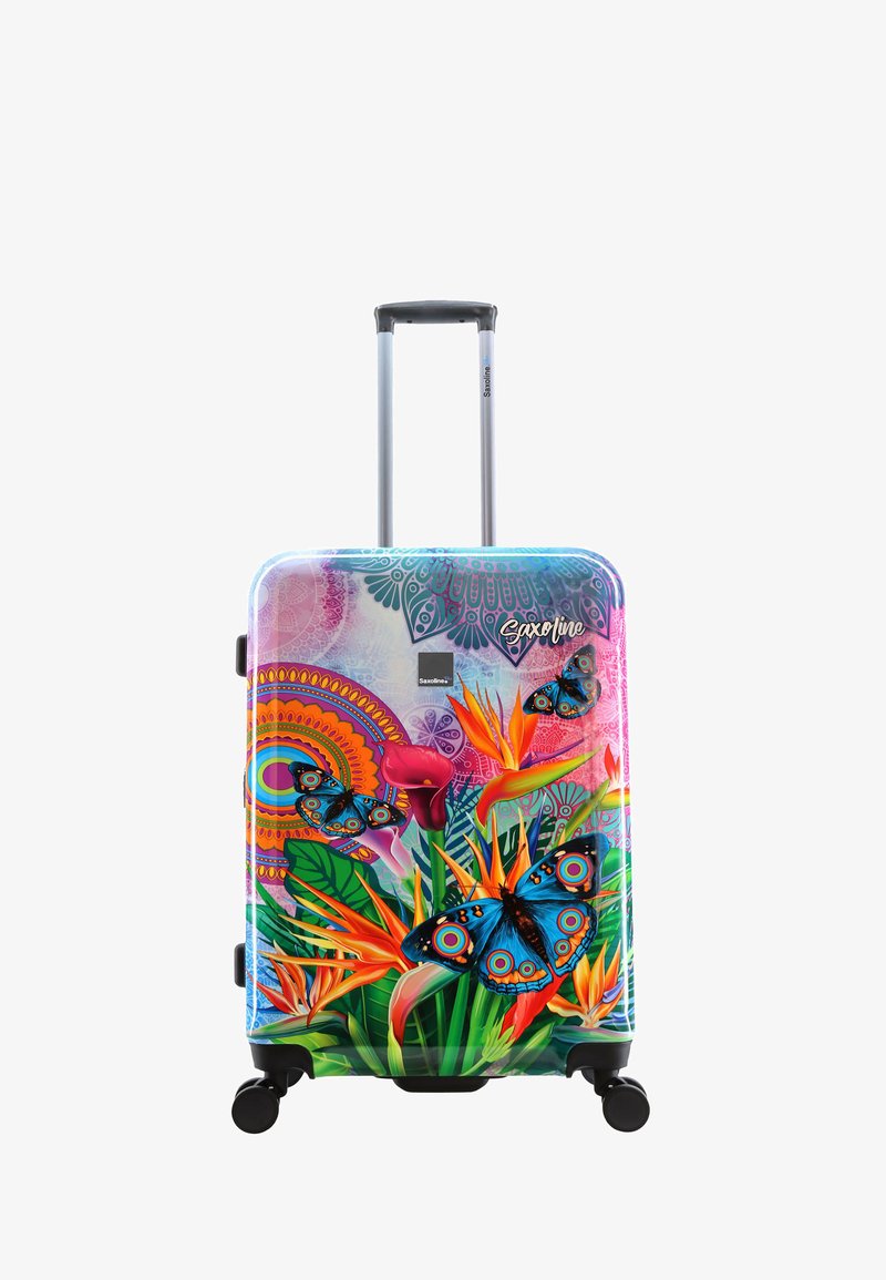 Hard-shell suitcase featuring vibrant floral and butterfly designs in blue, orange, and green, with a silver telescoping handle and wheels.