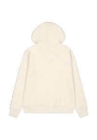 Krämfärgad huvtröja med en slät textur, med ribbade ärmslut och nederkant, samt en minimalistisk design på baksidan.