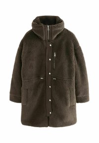 Bruine fleece jacket met hoge kraag, rits aan de voorkant, drukknoopsluitingen, zijzakken en textuurstof. Heeft een contrasterende bruine binnenkant.