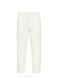 Biele, textúrované látkové nohavice s elastickým pásom; rovný strih s vertikálnym ryhovaním a bez viditeľného hardvéru alebo akcentov.