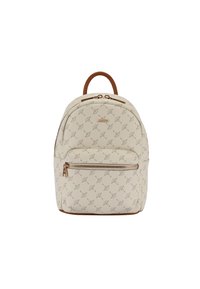 Beige rugzak met reliëfpatroon, voorzak met rits, bruine handgreep en gouden "Joop!" logo aan de voorkant.