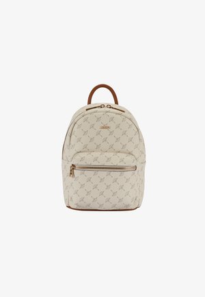 Beige ryggsäck med pr präglat mönster, framficka med dragkedja, brun handtag och guld "Joop!"-logotyp framtill.