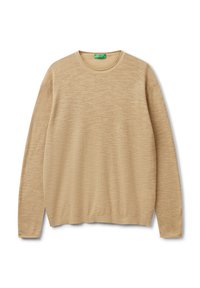 Beige gestrickter Pullover mit rundem Ausschnitt und langen Ärmeln. Die Textur ist weich mit einem subtilen Muster und verfügt über Rippenbündchen und Saum.