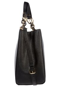 Borsa nera textured con una forma strutturata, dotata di accenti in metallo dorato e due opzioni per i manici: una tracolla corta e una lunga regolabile.