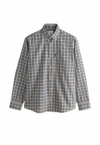 Button-up skjorte lavet af bomuld, med et beige og marineblåt ternet mønster, lange ærmer og en klassisk krave. Detalje med brystlomme.