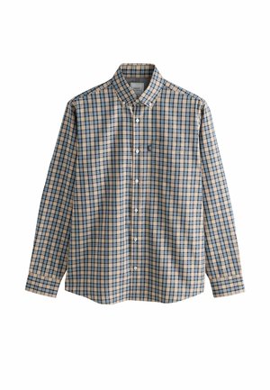 Overhemd met knoopsluiting van katoen, met een beige en marineblauwe ruitpatroon, lange mouwen en een klassieke kraag. Voorzakdetails.